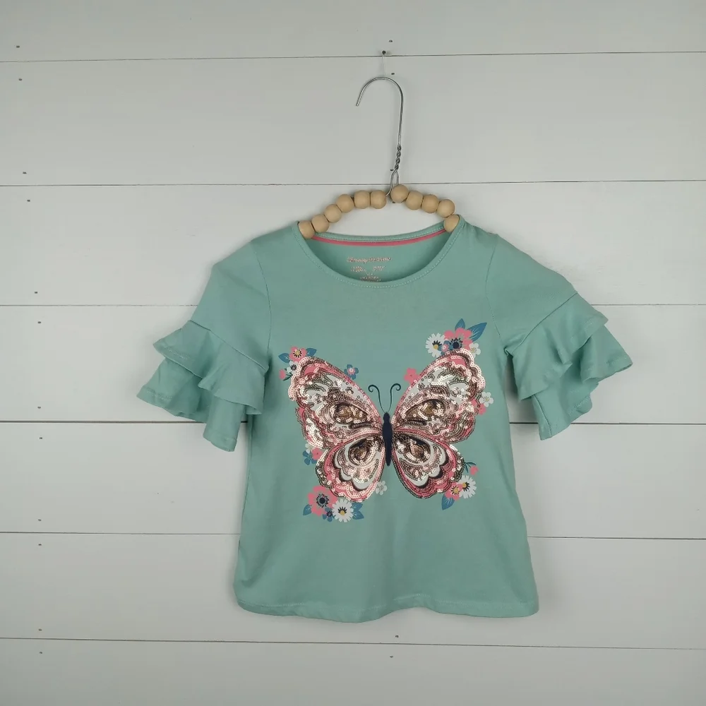 Tommy Bahama girls size 4 aqua double ruffle sleeve sequin butterfly top